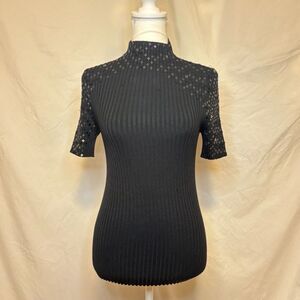 Cache Black Stretch Ribbed Halter Short Sleeve Top Womens